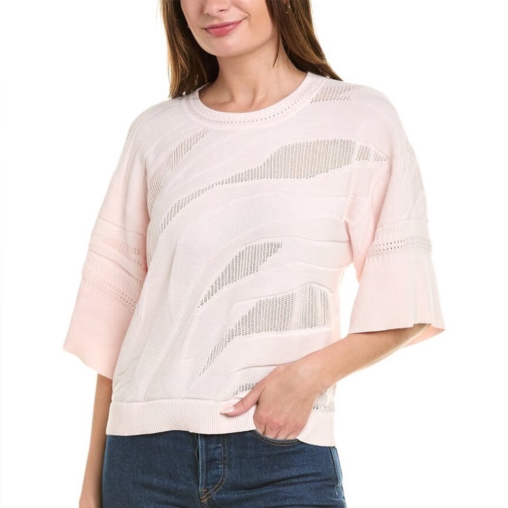 Cabi Shy Blush Pink Knit Pointelle 3/4 Short Sleeve Sweater Cotton Size M